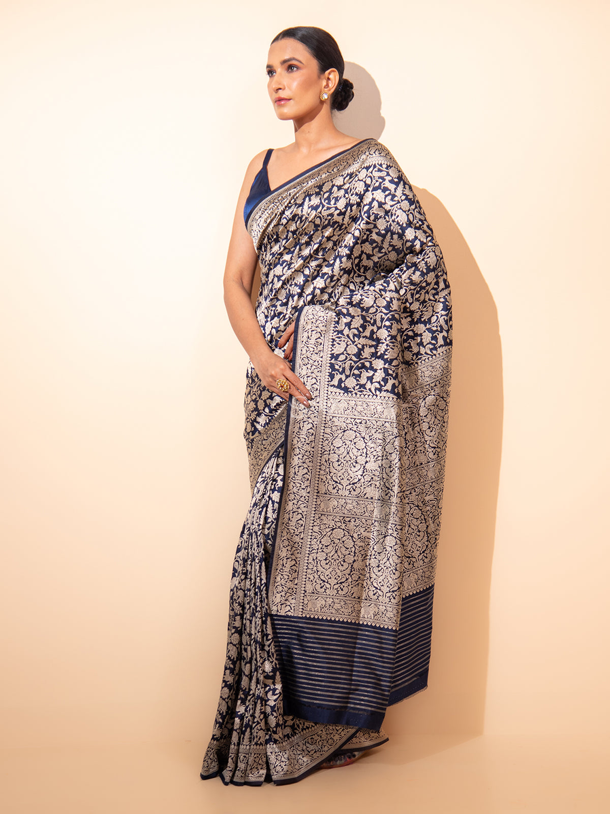 Inky Blue Shikargah Katan Silk Handloom Banarasi Saree - Sacred Weaves