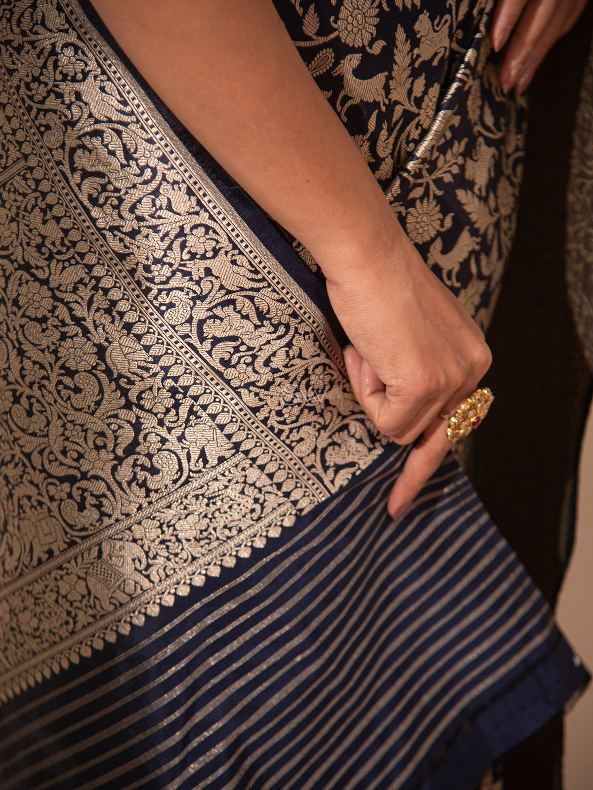 Inky Blue Shikargah Katan Silk Handloom Banarasi Saree - Sacred Weaves