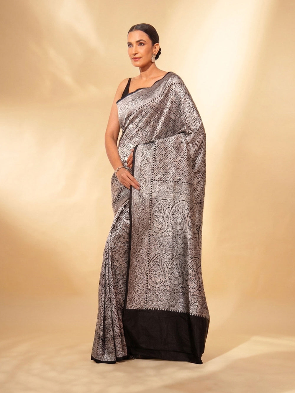Black Shikargah Brocade Katan Silk Handloom Banarasi Saree - Sacred Weaves