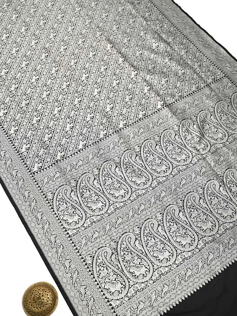 Black Shikargah Brocade Katan Silk Handloom Banarasi Saree - Sacred Weaves