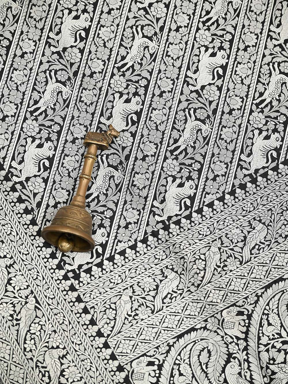 Black Shikargah Brocade Katan Silk Handloom Banarasi Saree - Sacred Weaves