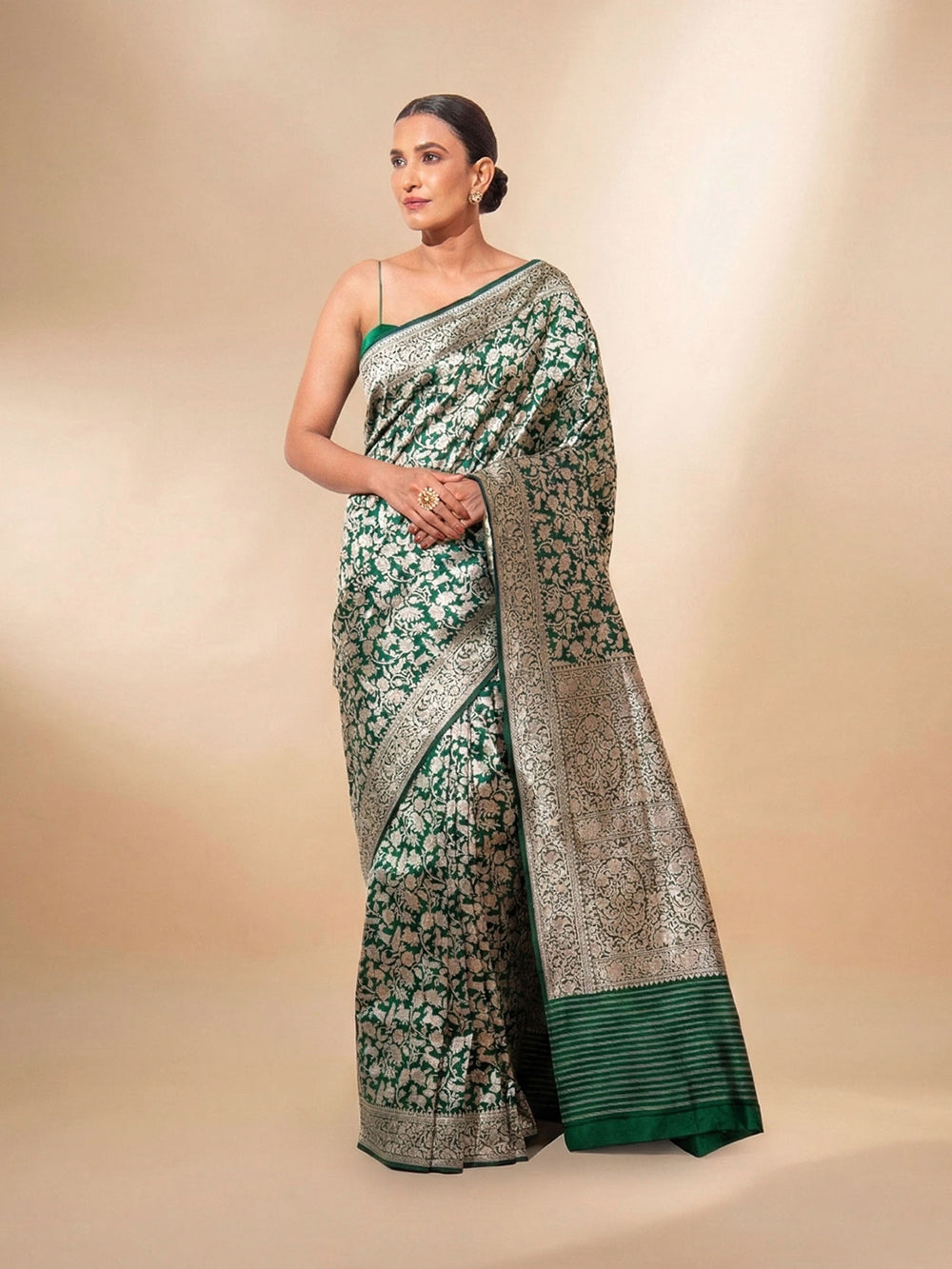 Bottle Green Shikargah Brocade Katan Silk Handloom Banarasi Saree - Sacred Weaves