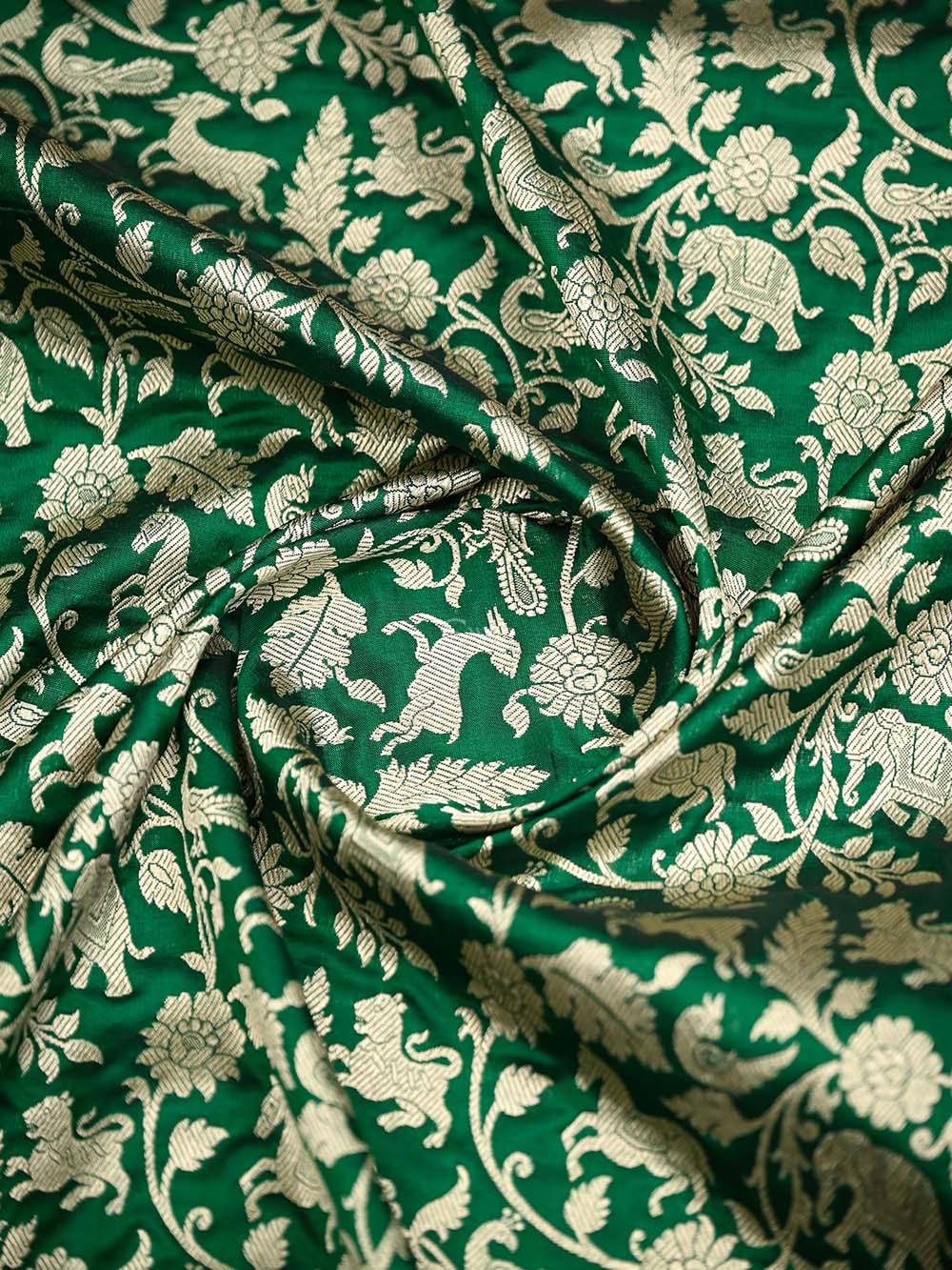 Bottle Green Shikargah Brocade Katan Silk Handloom Banarasi Saree - Sacred Weaves