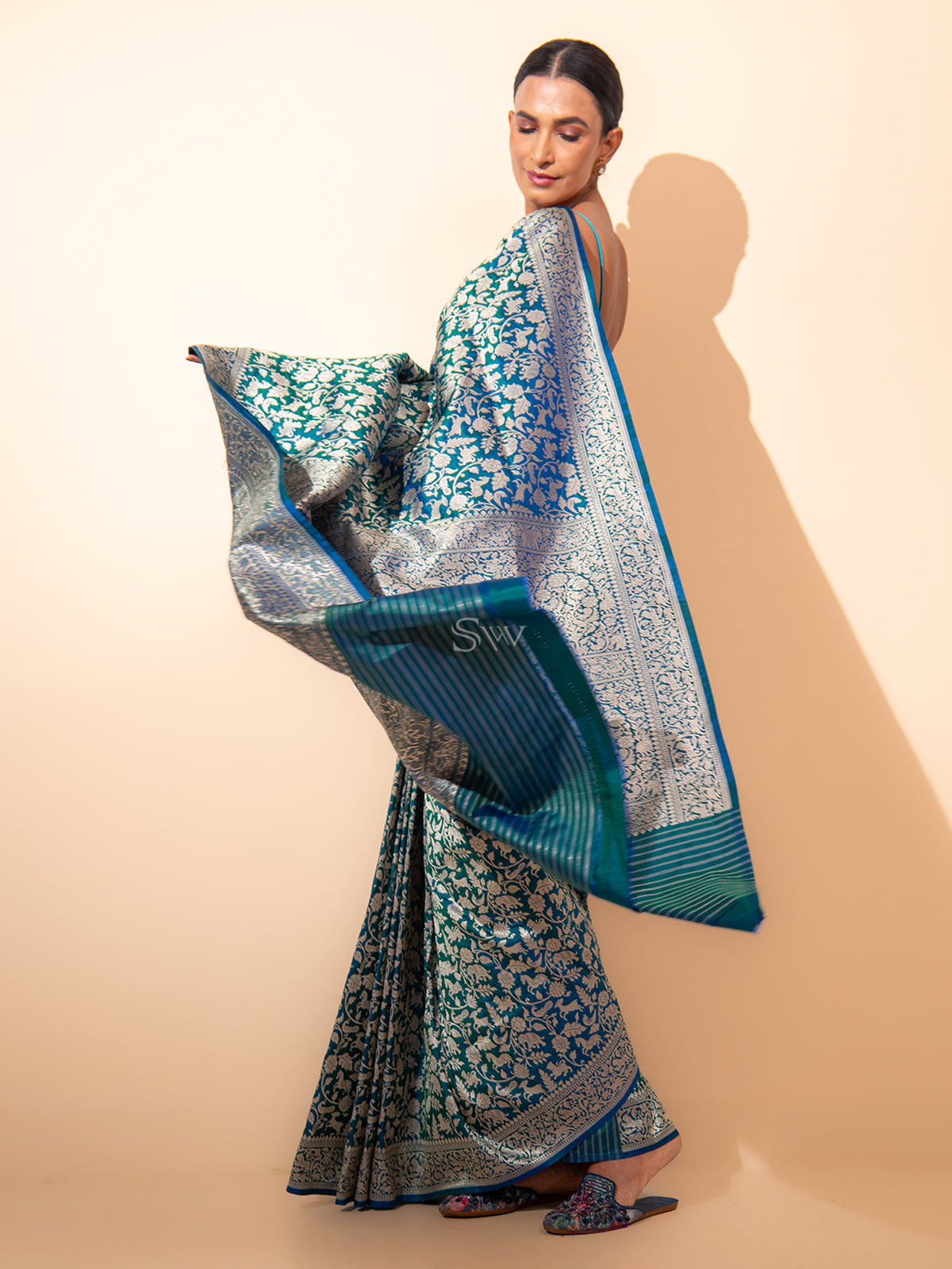 Green Royal Blue Shikargah Katan Silk Handloom Banarasi Saree - Sacred Weaves