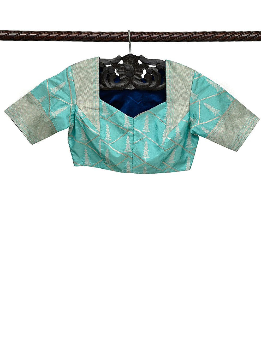 Aqua Blue Katan Silk Banarasi Ready-Made Blouse - Sacred Weaves