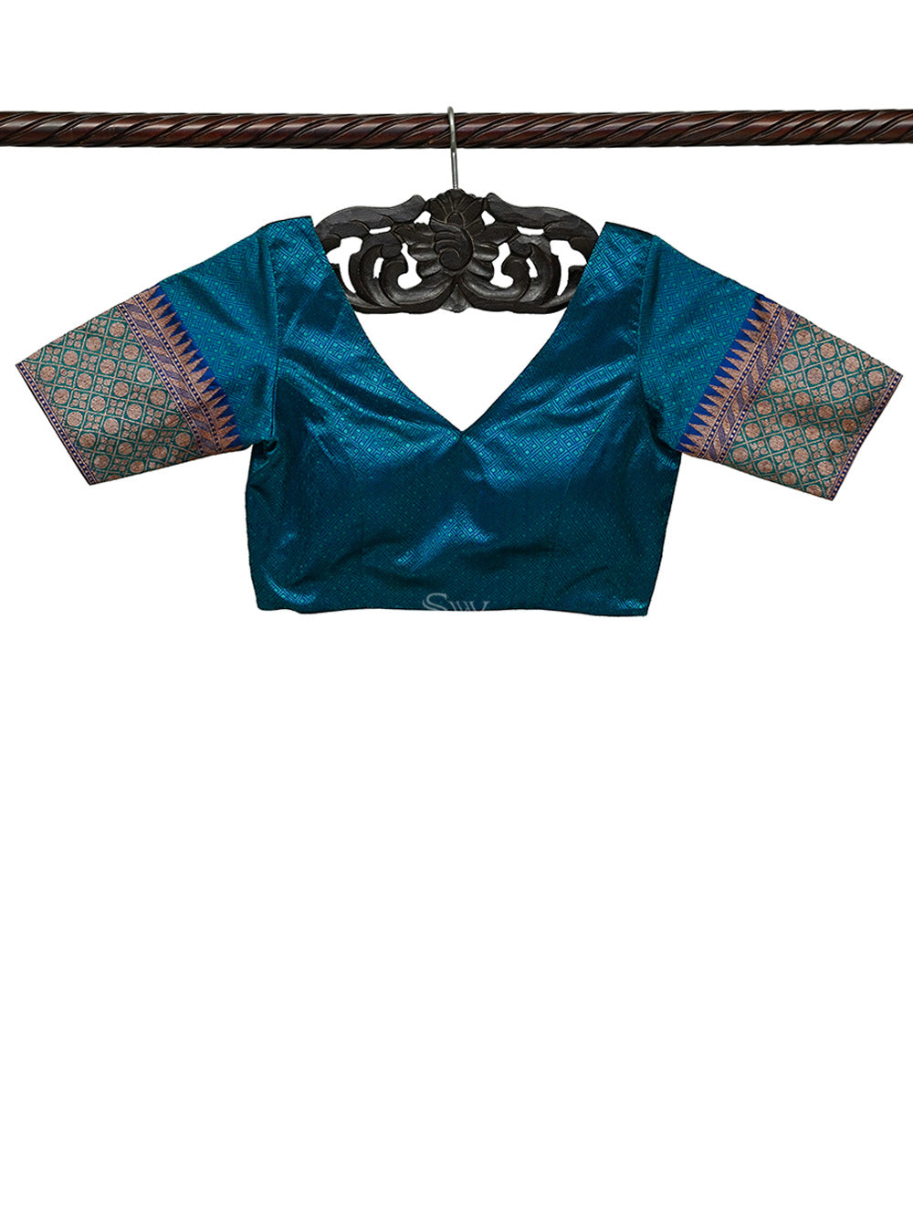 Blue Green Tanchoi Silk Banarasi Ready-Made Blouse - Sacred Weaves