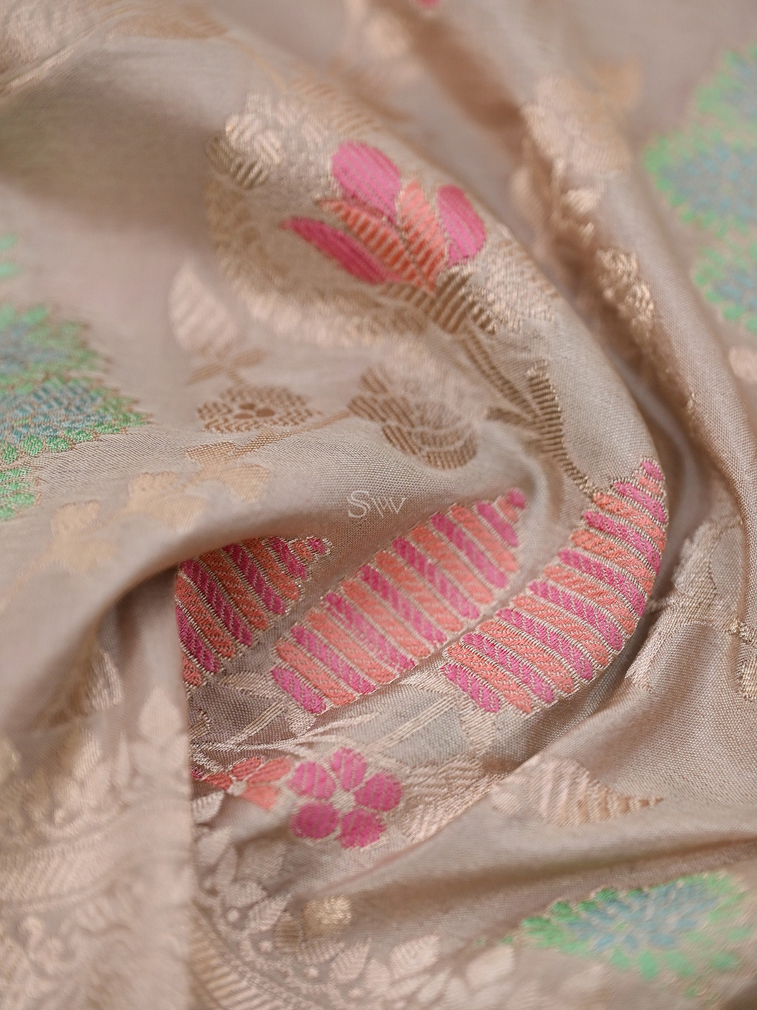 Beige Meenakari Jaal Katan Silk Handloom Banarasi Fabric - Gift Box - Sacred Weaves