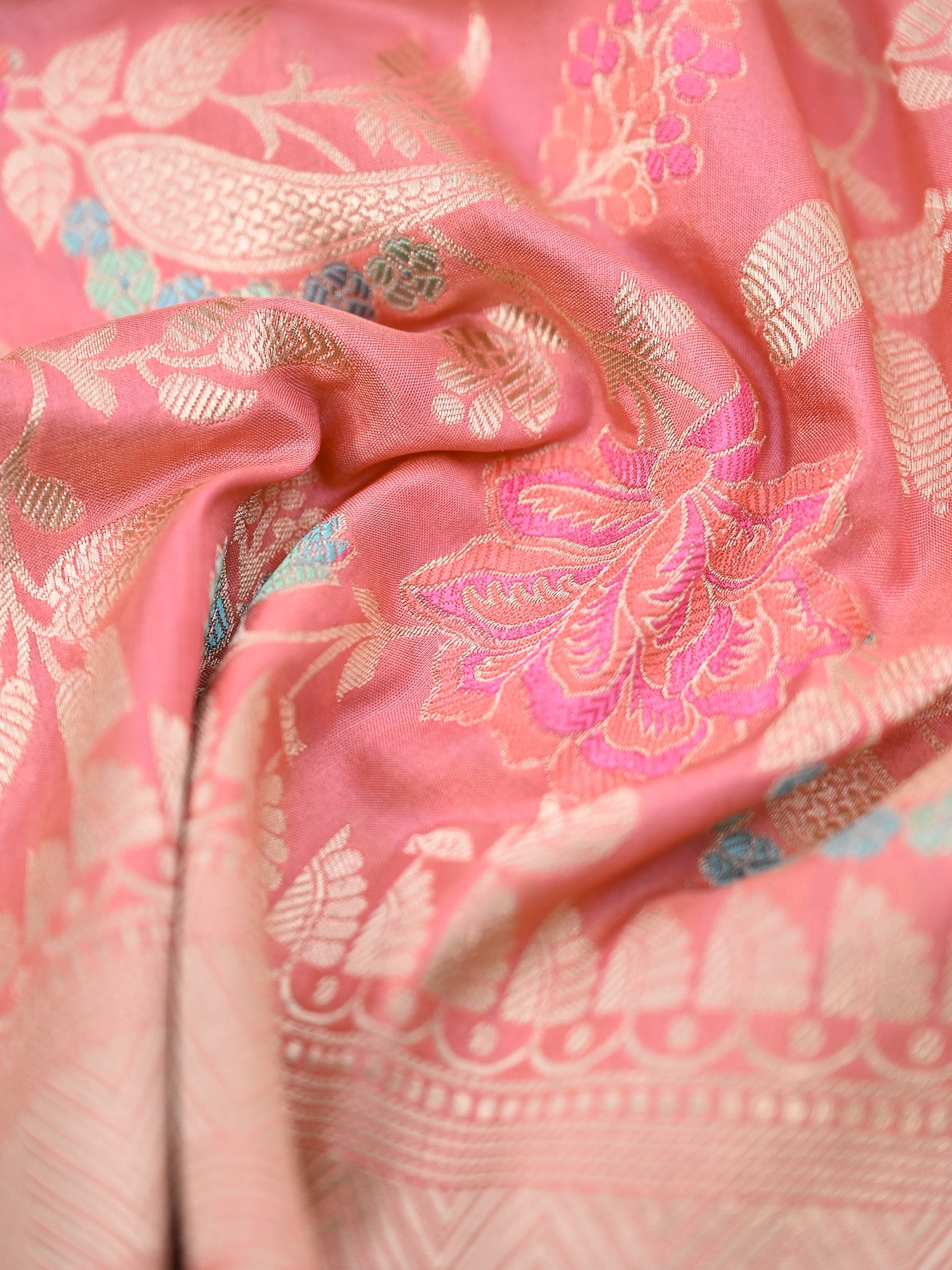Pink Meenakari Jaal Katan Silk Handloom Banarasi Fabric - Gift Box - Sacred Weaves