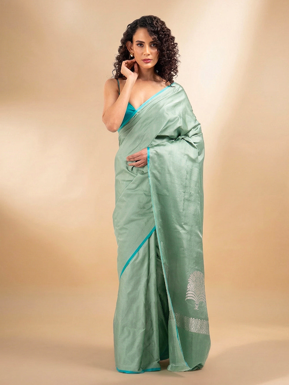 Muted Green Plain Satin Silk Handloom Banarasi Saree - Sacred Weaves