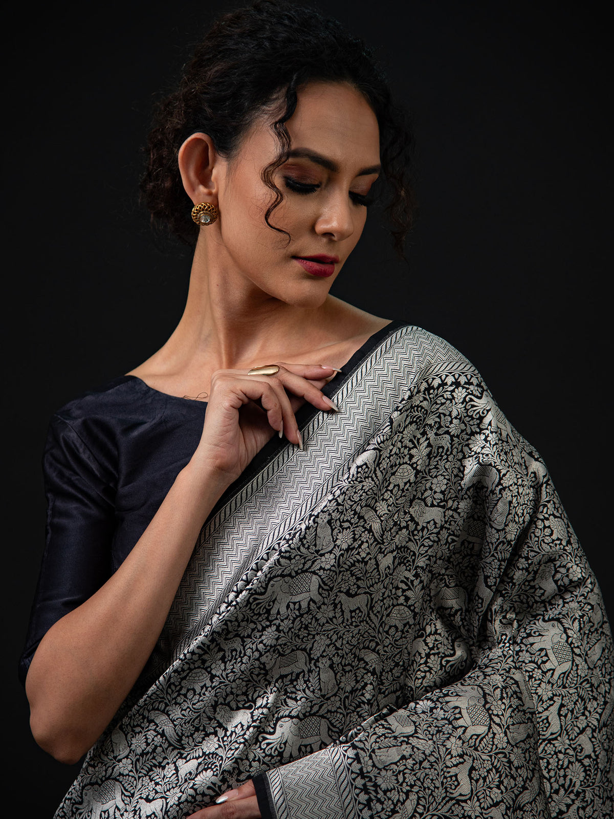 Black Shikargah Katan Silk Brocade Handloom Banarasi Saree - Sacred Weaves