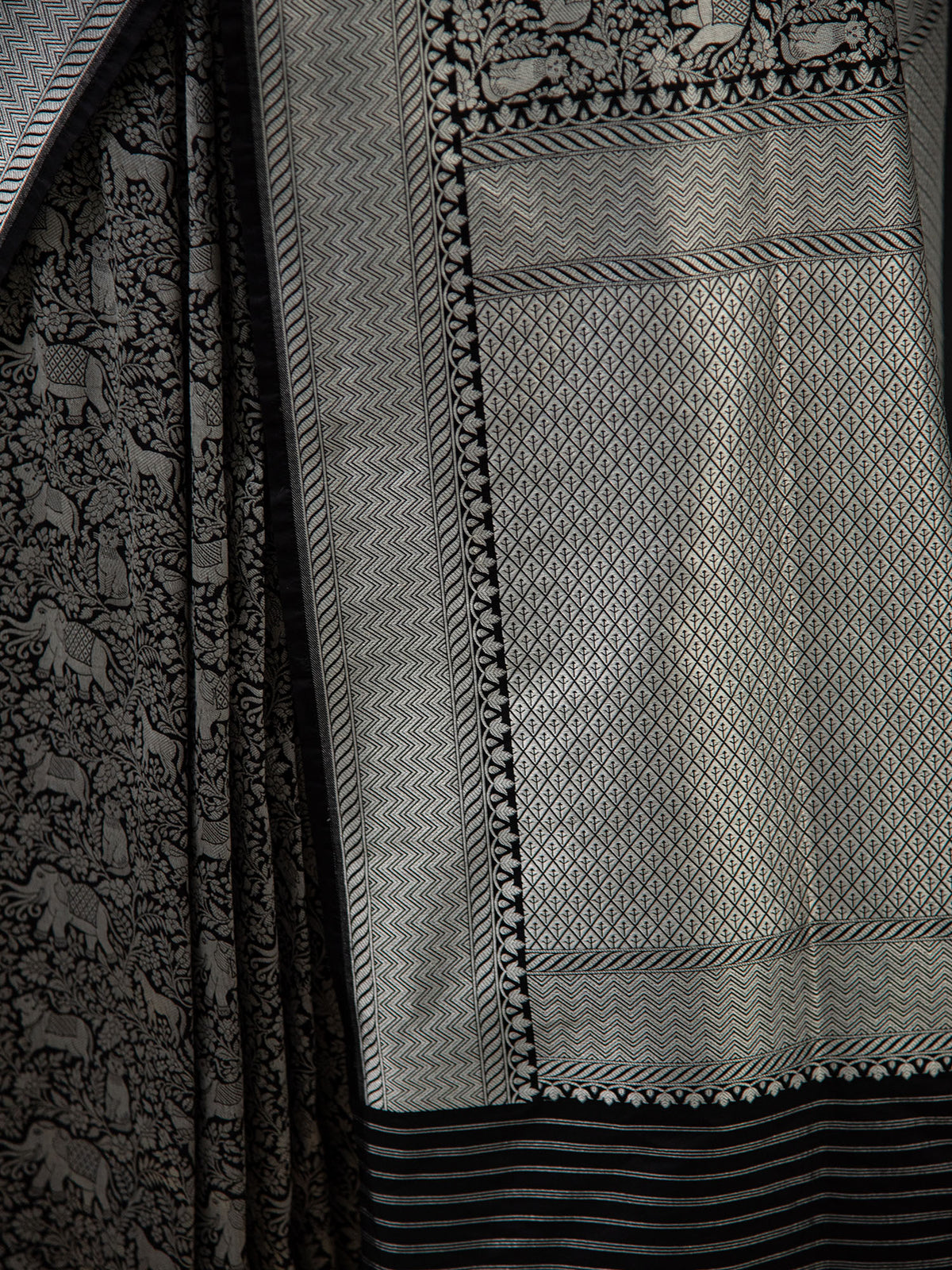 Black Shikargah Katan Silk Brocade Handloom Banarasi Saree - Sacred Weaves