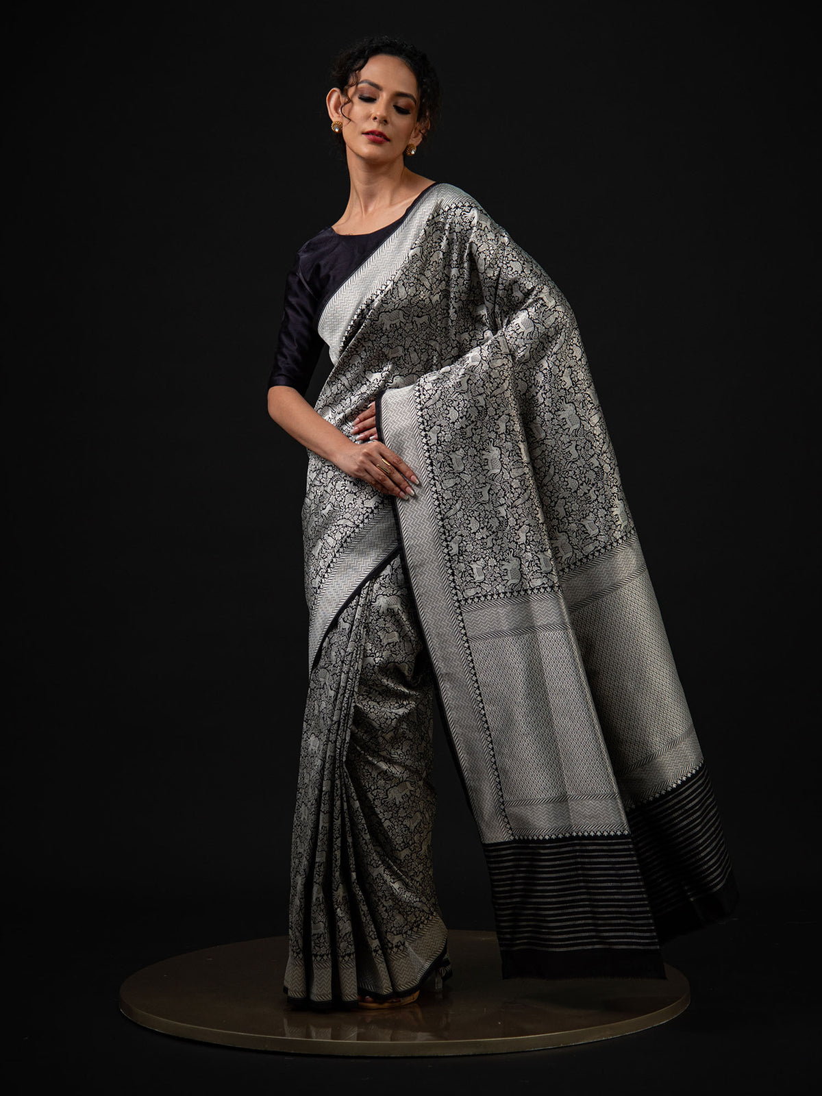 Black Shikargah Katan Silk Brocade Handloom Banarasi Saree - Sacred Weaves