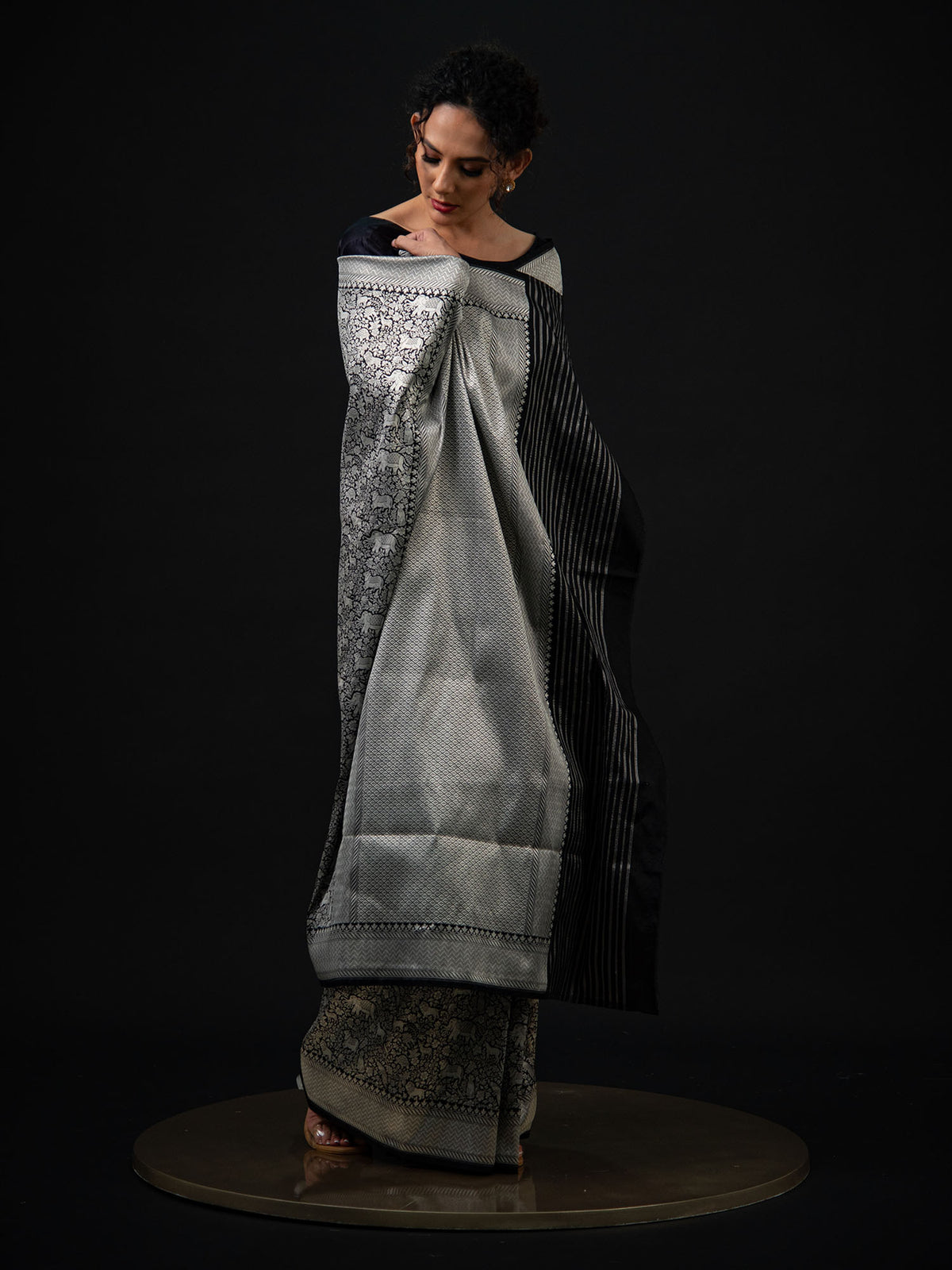 Black Shikargah Katan Silk Brocade Handloom Banarasi Saree - Sacred Weaves