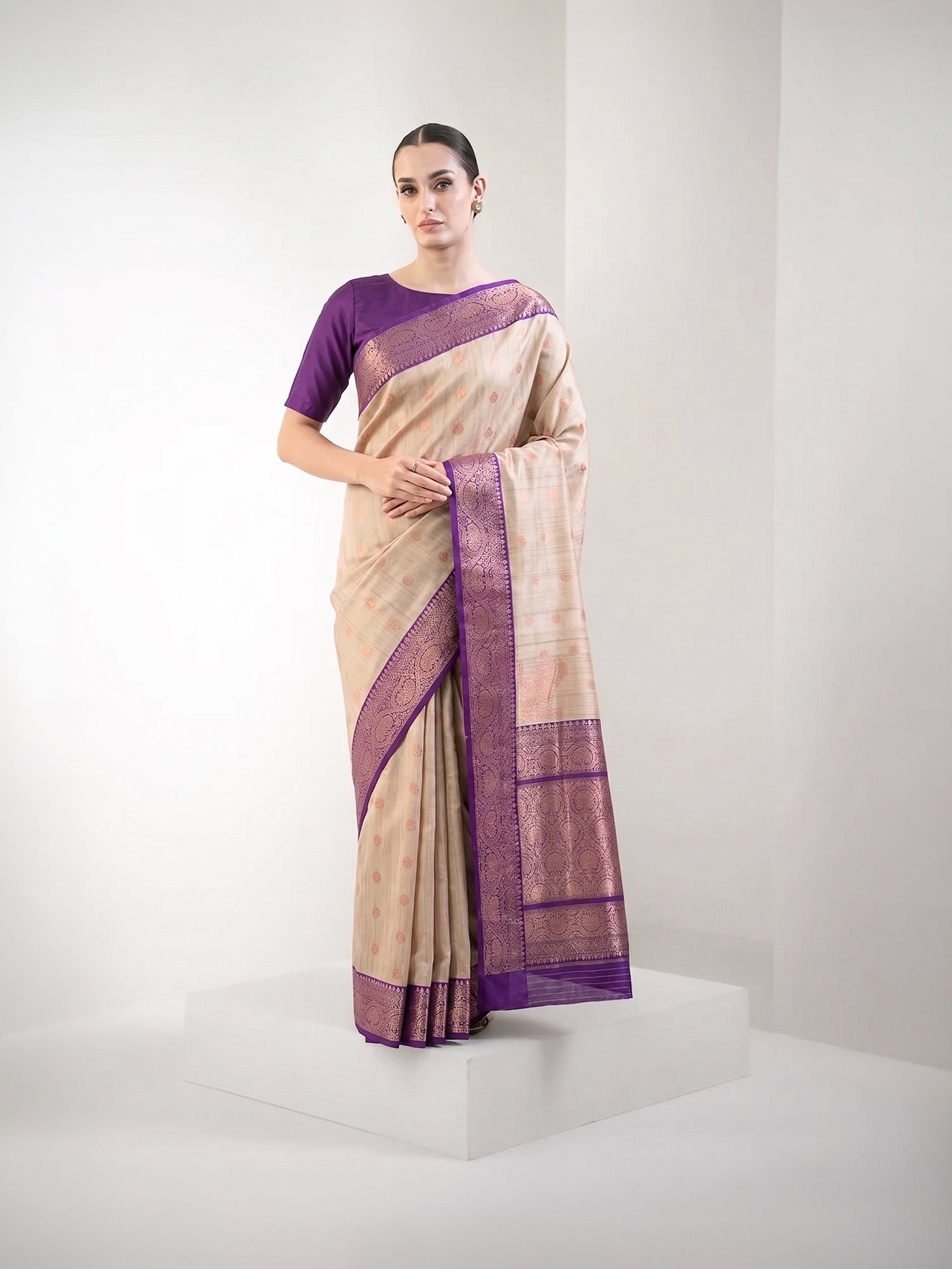 Beige Purple Booti Tussar Silk Handloom Banarasi Saree - Sacred Weaves