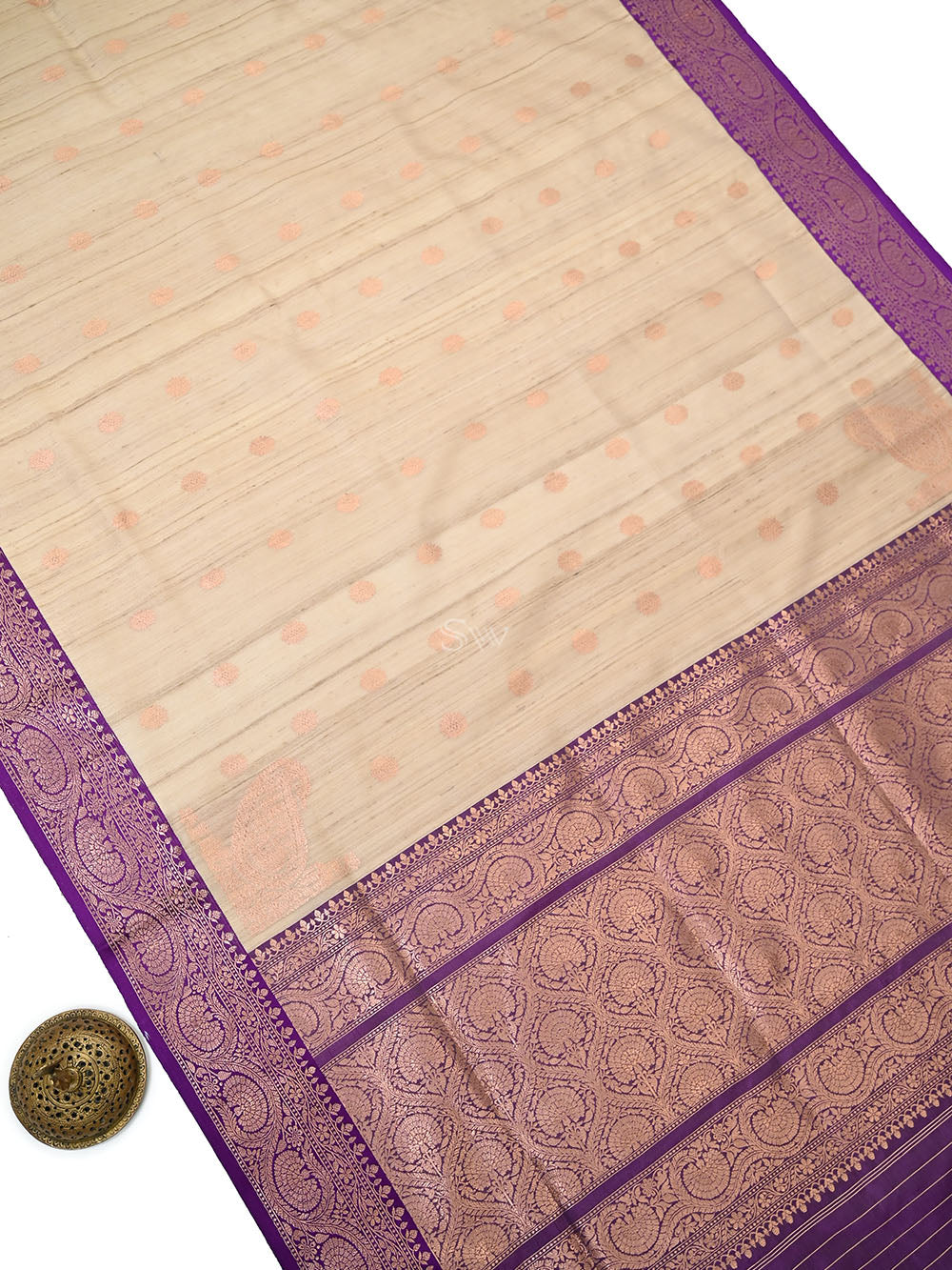 Beige Purple Booti Tussar Silk Handloom Banarasi Saree - Sacred Weaves