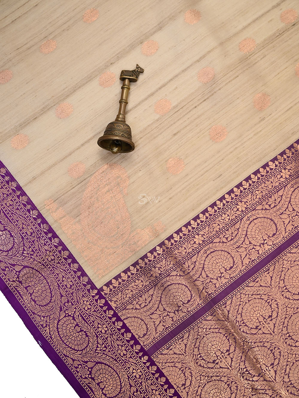 Beige Purple Booti Tussar Silk Handloom Banarasi Saree - Sacred Weaves