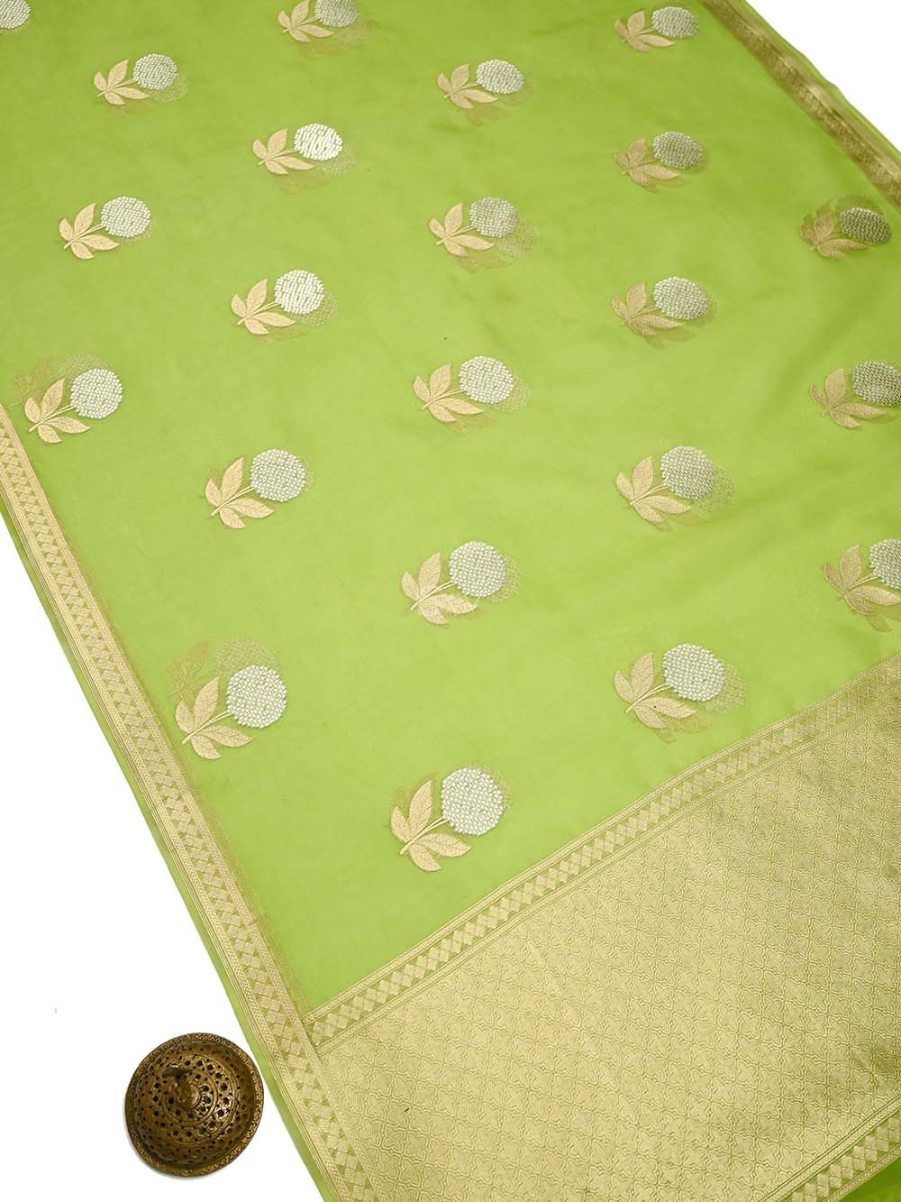 Parrot Green Boota Organza Handloom Banarasi Saree - Sacred Weaves