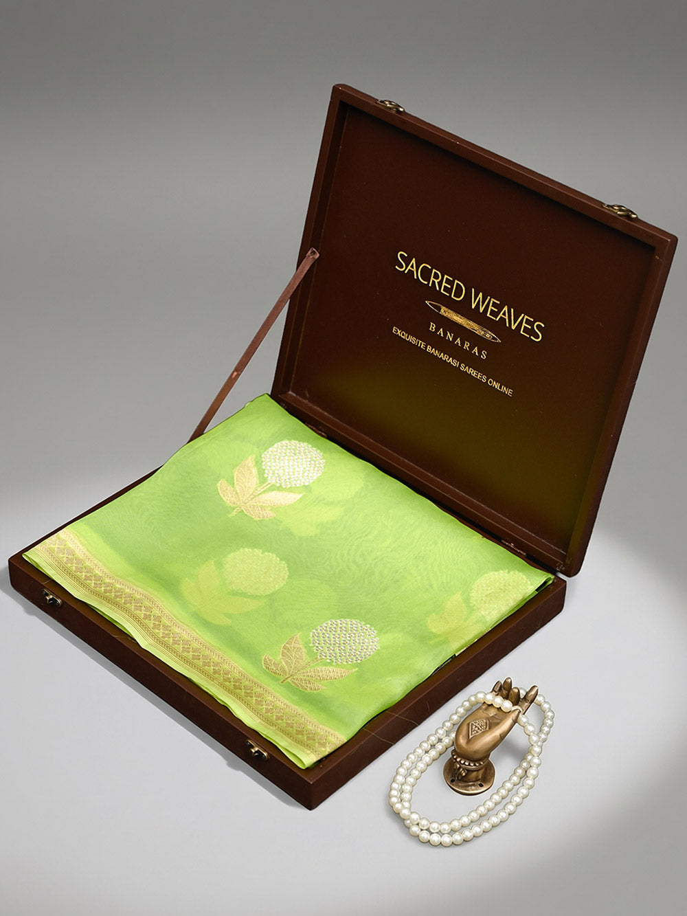 Parrot Green Boota Organza Handloom Banarasi Saree - Sacred Weaves