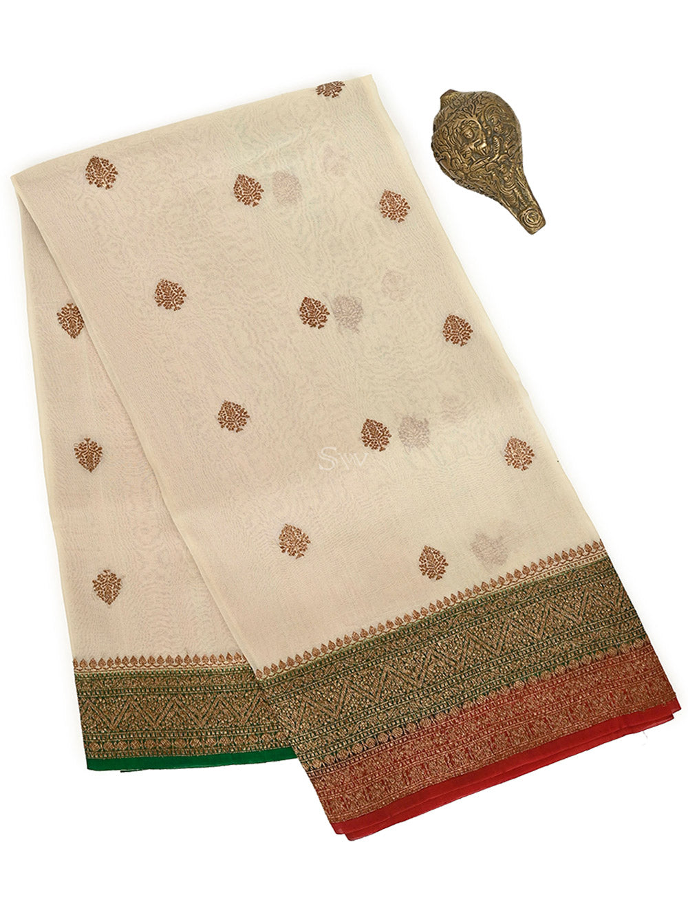 Cream Boota Organza Silk Handloom Banarasi Saree - Sacred Weaves