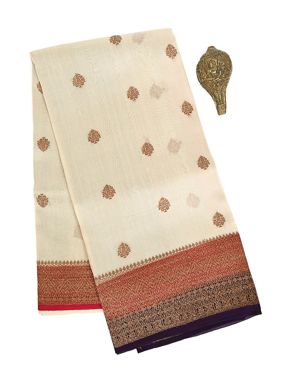 Cream Boota Organza Silk Handloom Banarasi Saree - Sacred Weaves