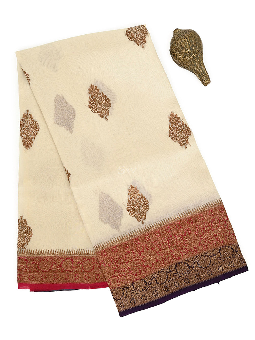 Cream Boota Organza Silk Handloom Banarasi Saree - Sacred Weaves