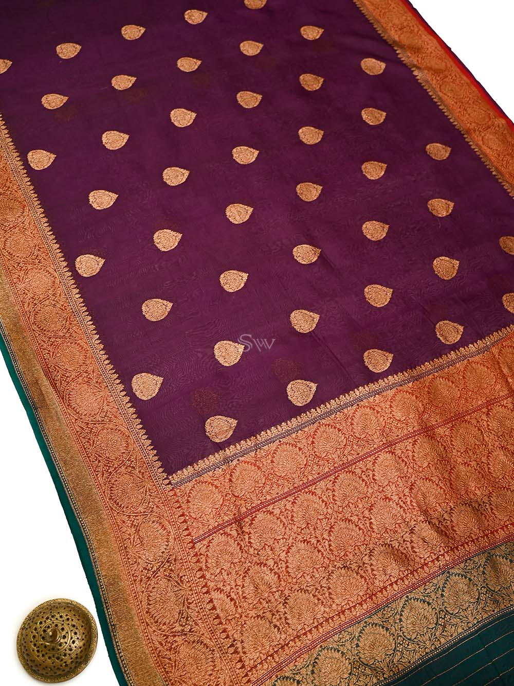 Wine Organza Silk Handloom Banarasi Saree - Sacred Weaves