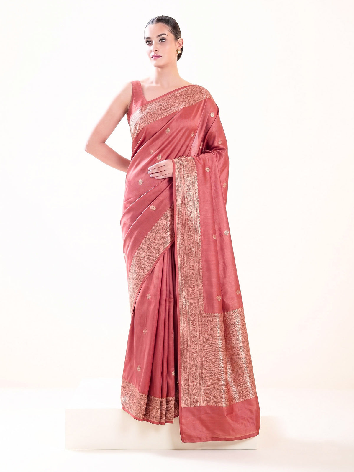 Coral Pink Sona Roopa Zari Booti Satin Silk Handloom Banarasi Saree - Sacred Weaves