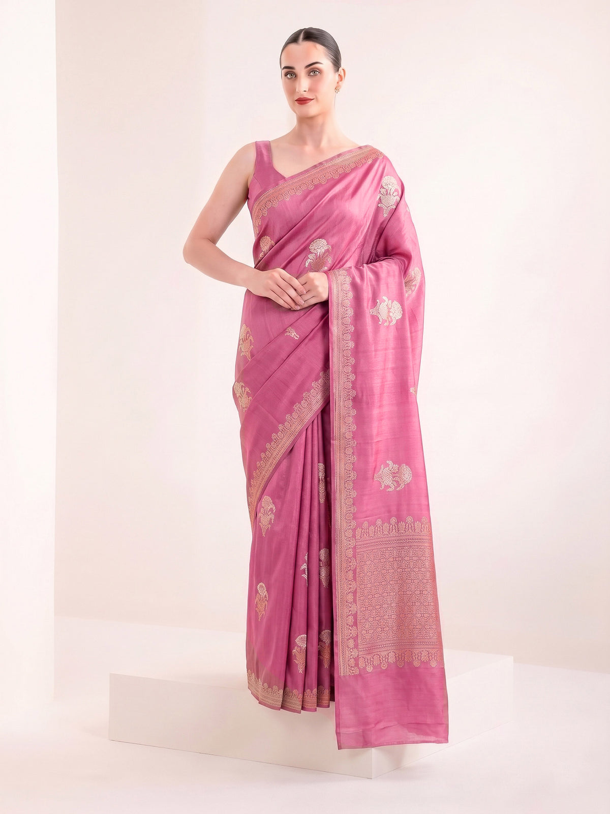 Pink Sona Roopa Boota Satin Silk Handloom Banarasi Saree - Sacred Weaves