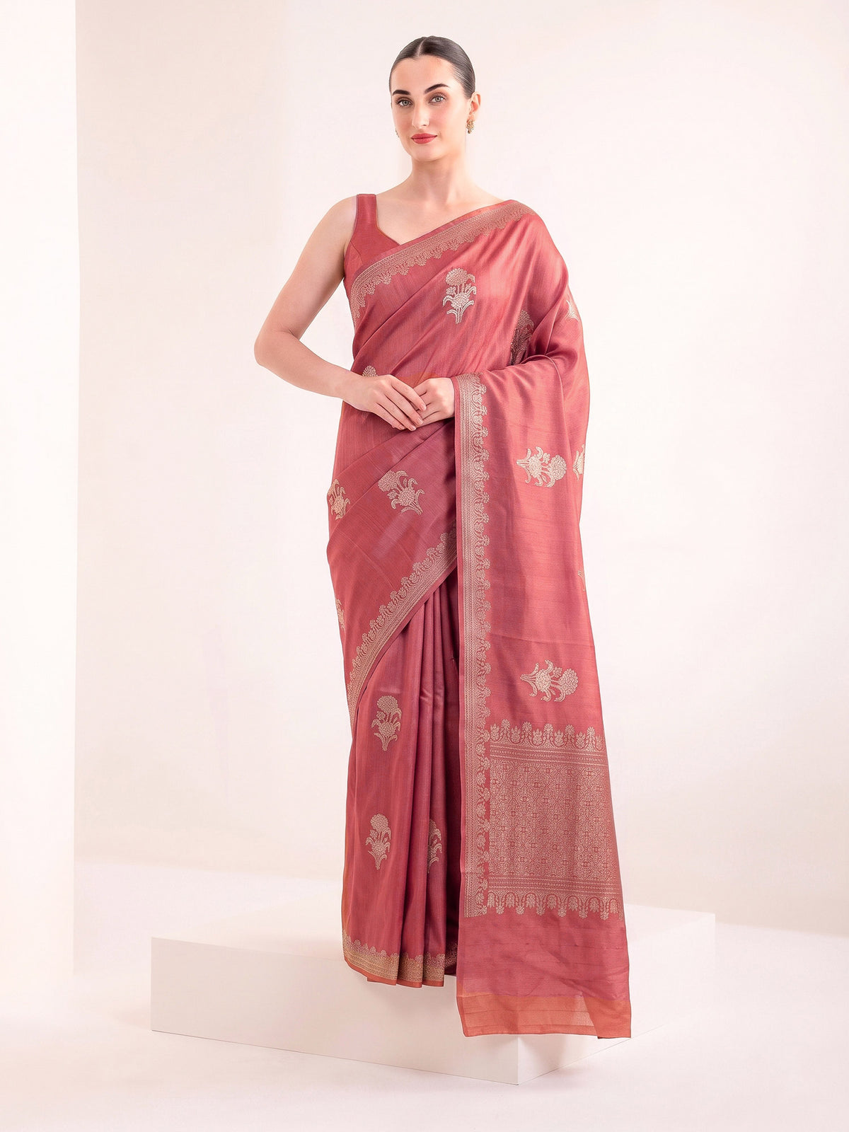 Coral Pink Sona Roopa Zari Boota Satin Silk Handloom Banarasi Saree - Sacred Weaves