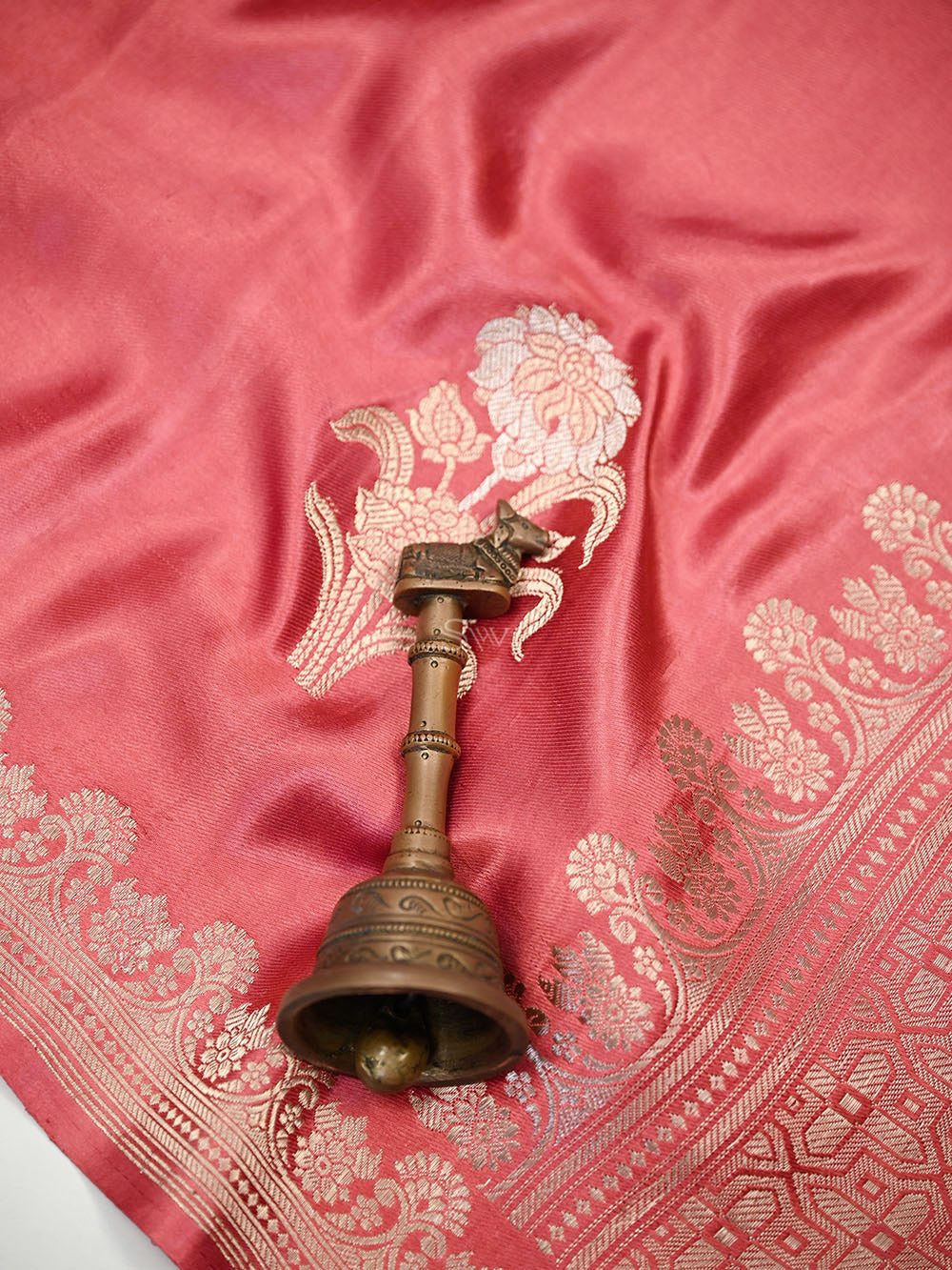 Coral Pink Sona Roopa Zari Boota Satin Silk Handloom Banarasi Saree - Sacred Weaves