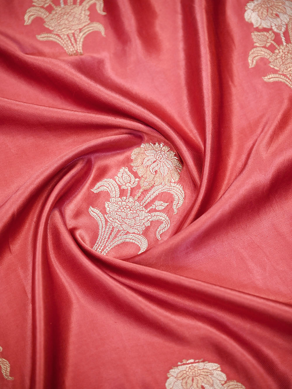 Coral Pink Sona Roopa Zari Boota Satin Silk Handloom Banarasi Saree - Sacred Weaves
