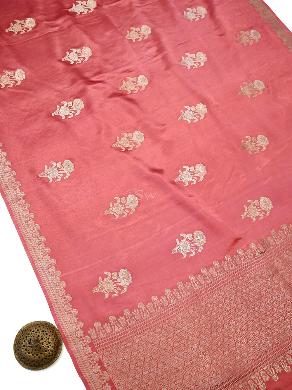 Coral Pink Sona Roopa Zari Boota Satin Silk Handloom Banarasi Saree - Sacred Weaves