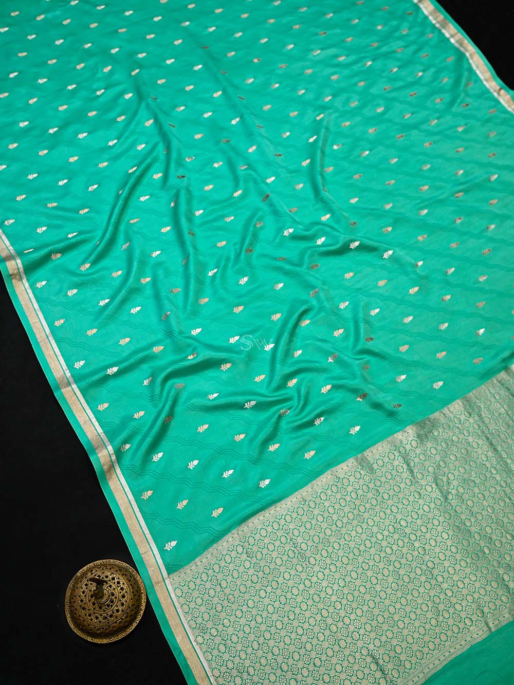 Sea Green Booti Satin Silk Handloom Banarasi Saree - Sacred Weaves
