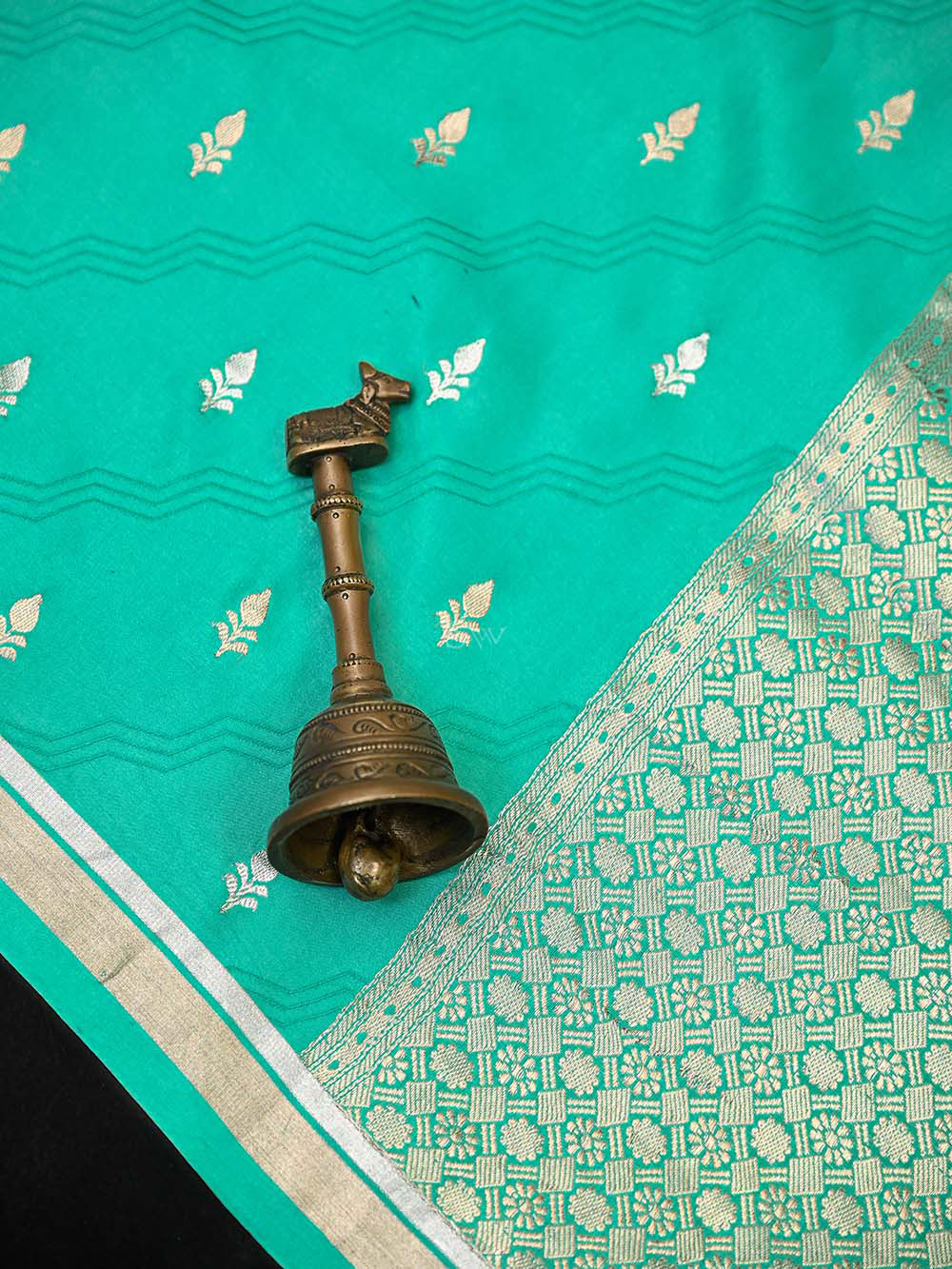Sea Green Booti Satin Silk Handloom Banarasi Saree - Sacred Weaves