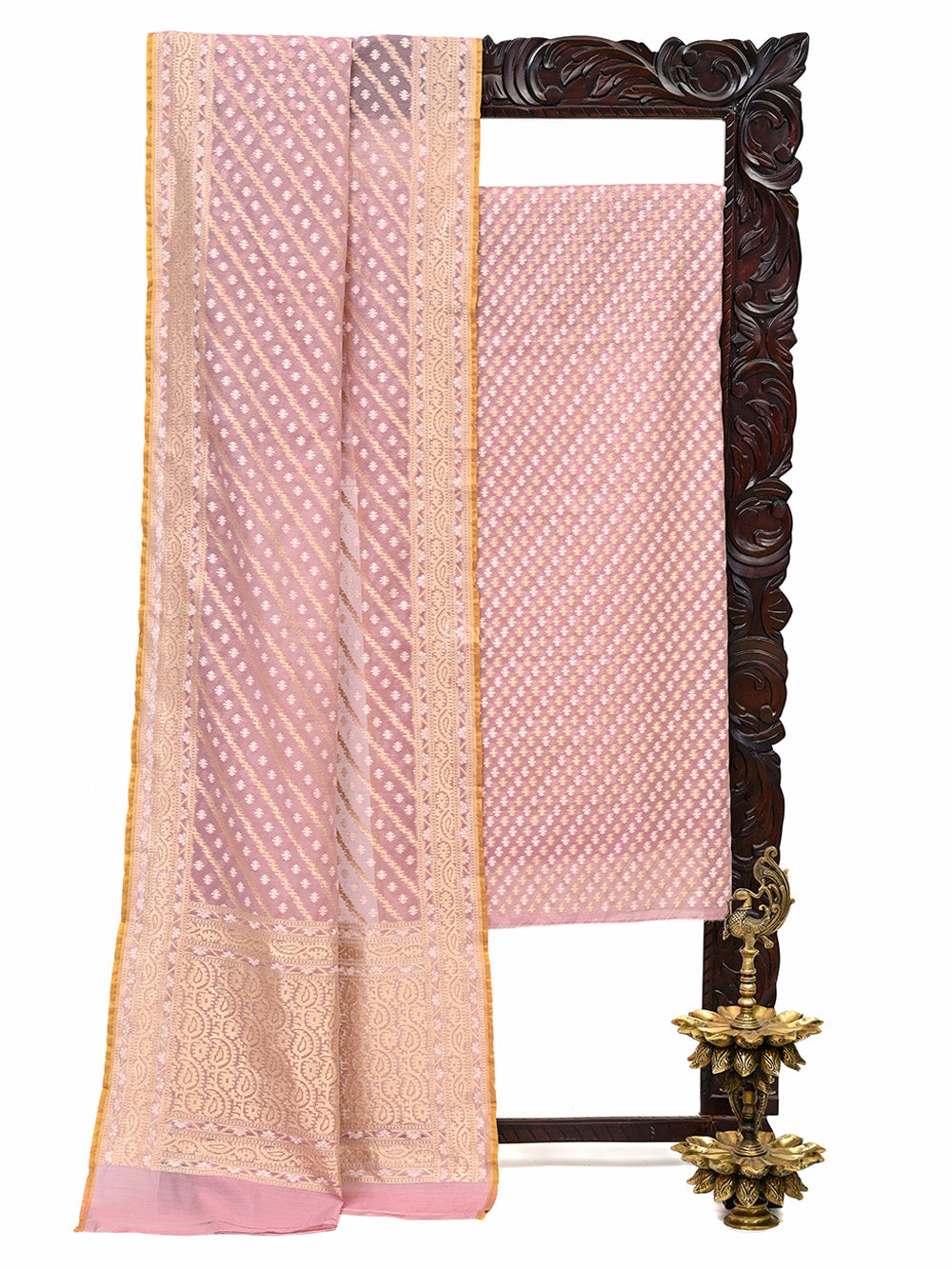 Pastel Mauve Zari Booti Cotton Silk Handloom Banarasi Suit - Sacred Weaves