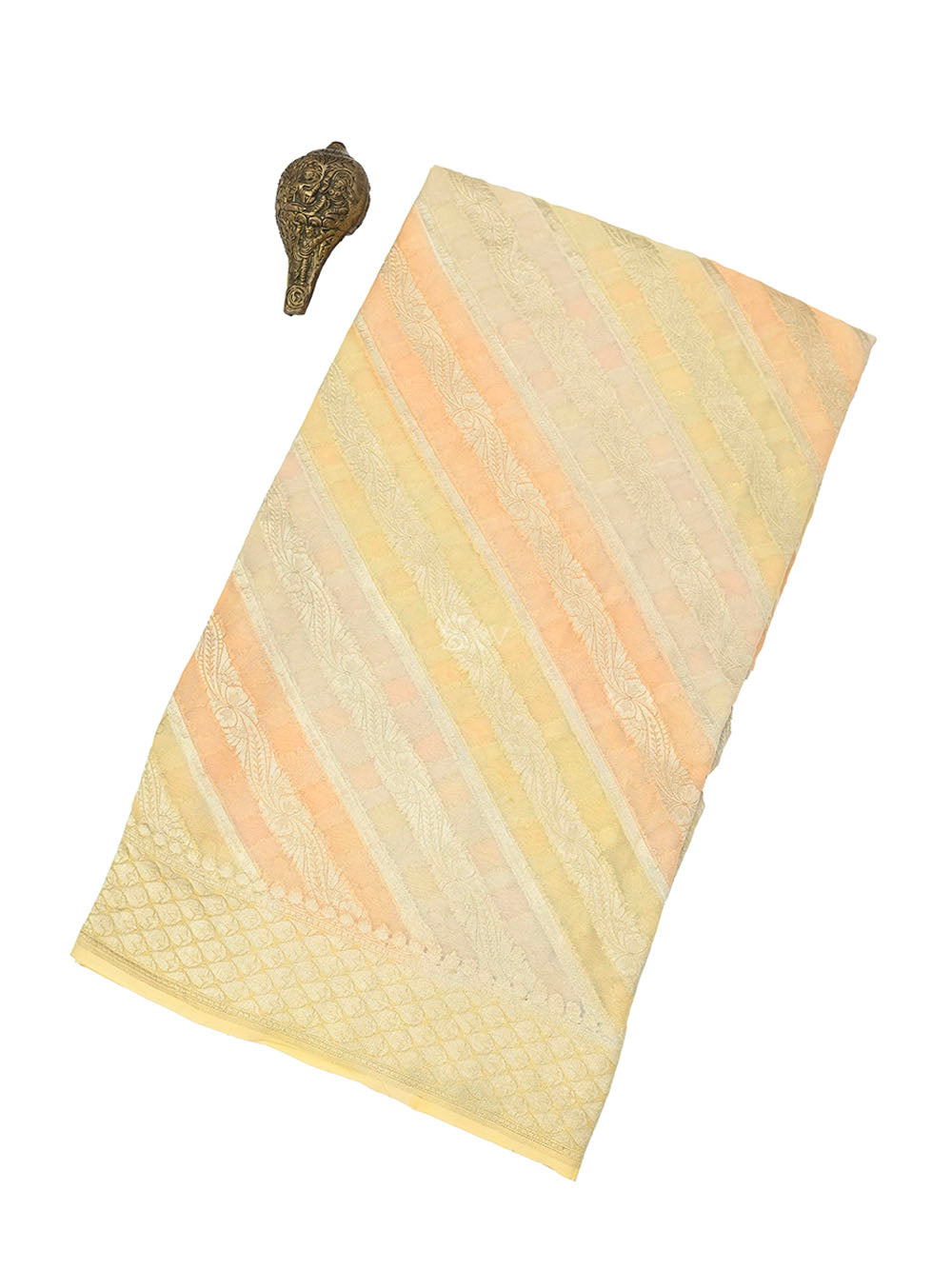 Pastel Yellow Peach Rangkat Khaddi Georgette Handloom Banarasi Saree