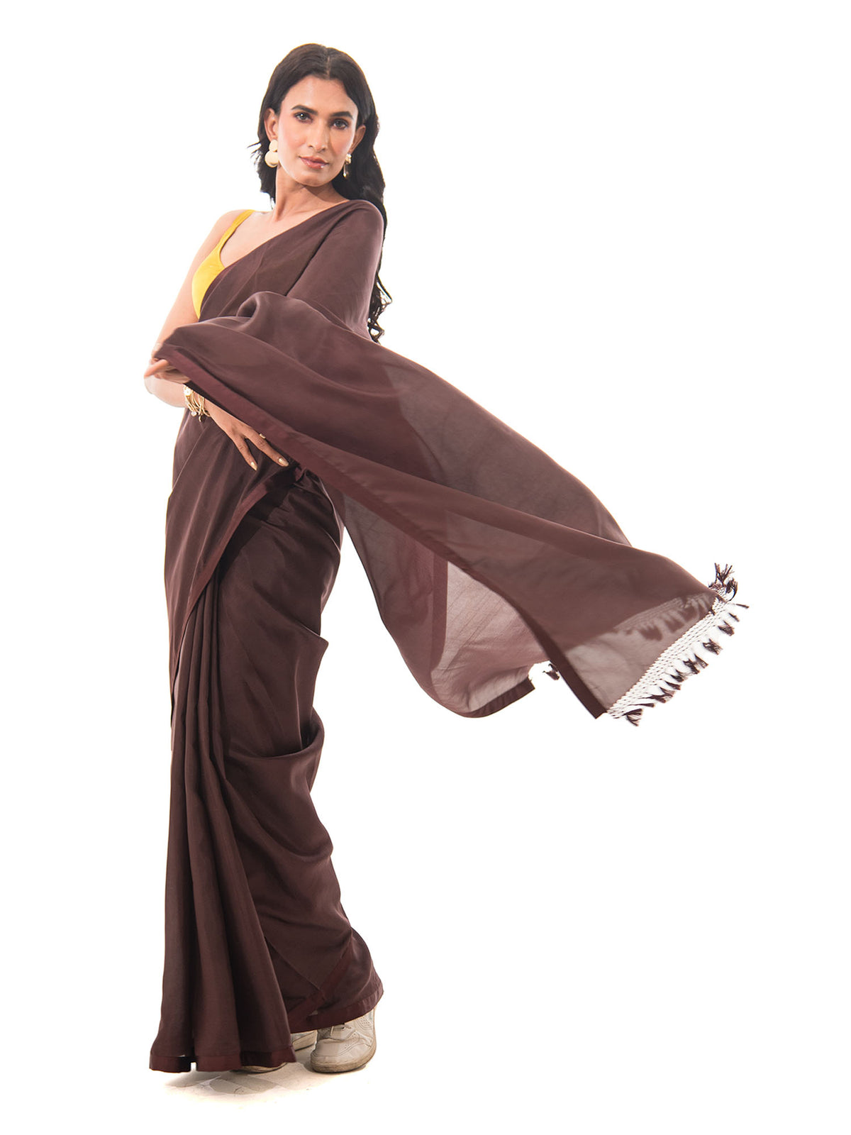 Dark Brown Plain Silk Handloom Saree - Sacred Weaves