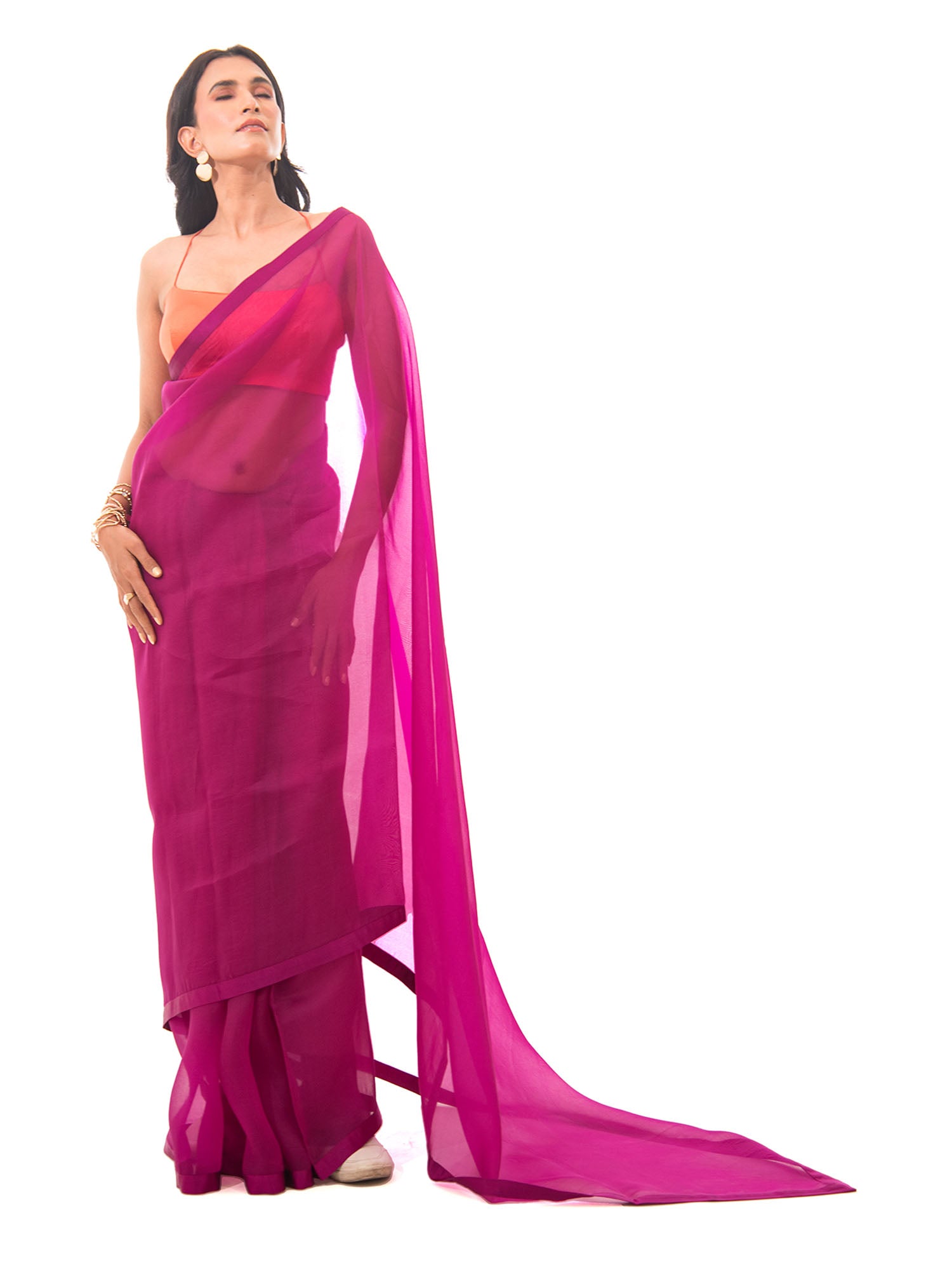 Dark Magenta Plain Organza Handloom Saree - Sacred Weaves