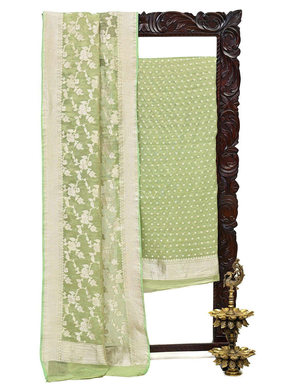 Green Tissue Khaddi Georgette Handloom Banarasi Suit - Sacred Weaves