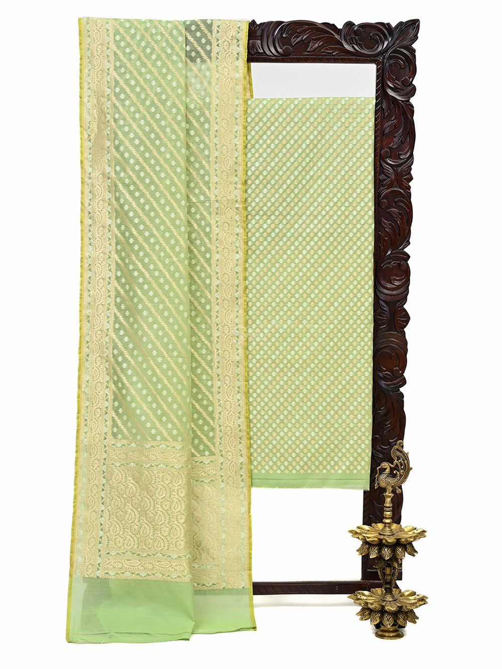 Pista Green Zari Booti Cotton Silk Handloom Banarasi Suit - Sacred Weaves