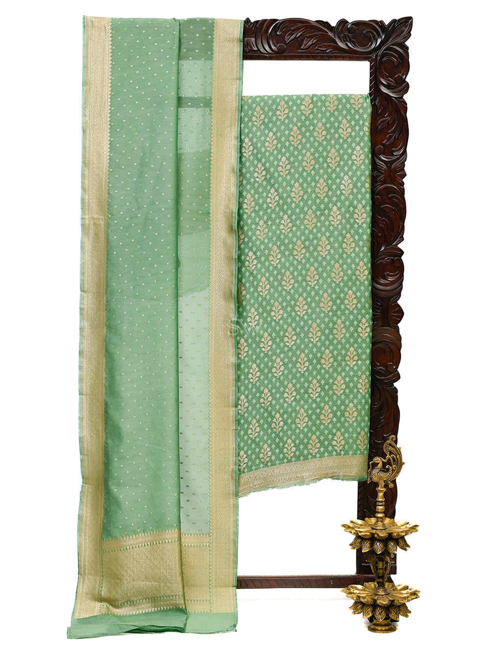 Green Zari Booti Cotton Silk Handloom Banarasi Suit - Sacred Weaves