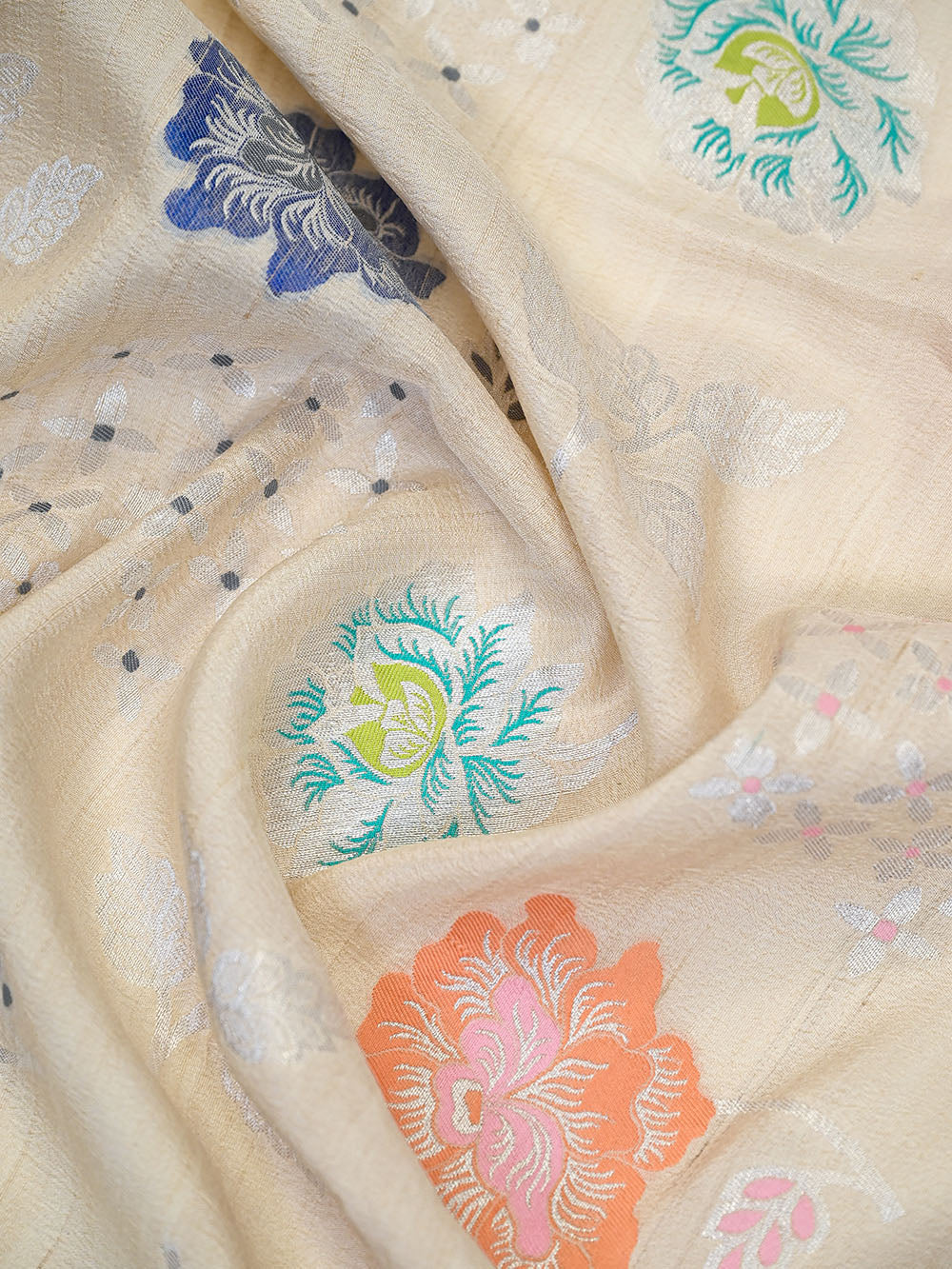 Off White Meenakari Moonga Tussar Silk Handloom Banarasi Saree - Sacred Weaves