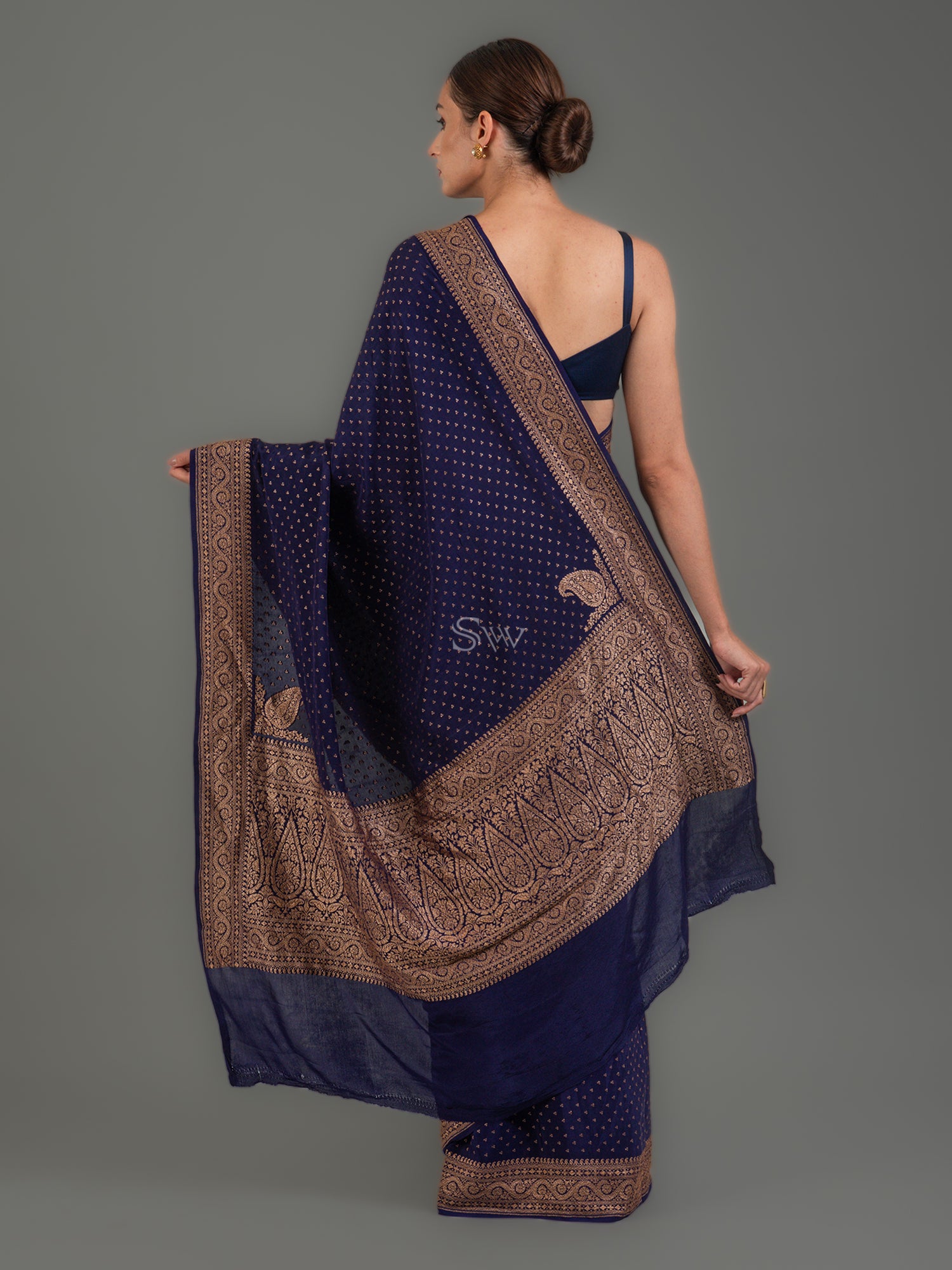 Navy Blue Booti Crepe Silk Handloom Banarasi Saree - Sacred Weaves