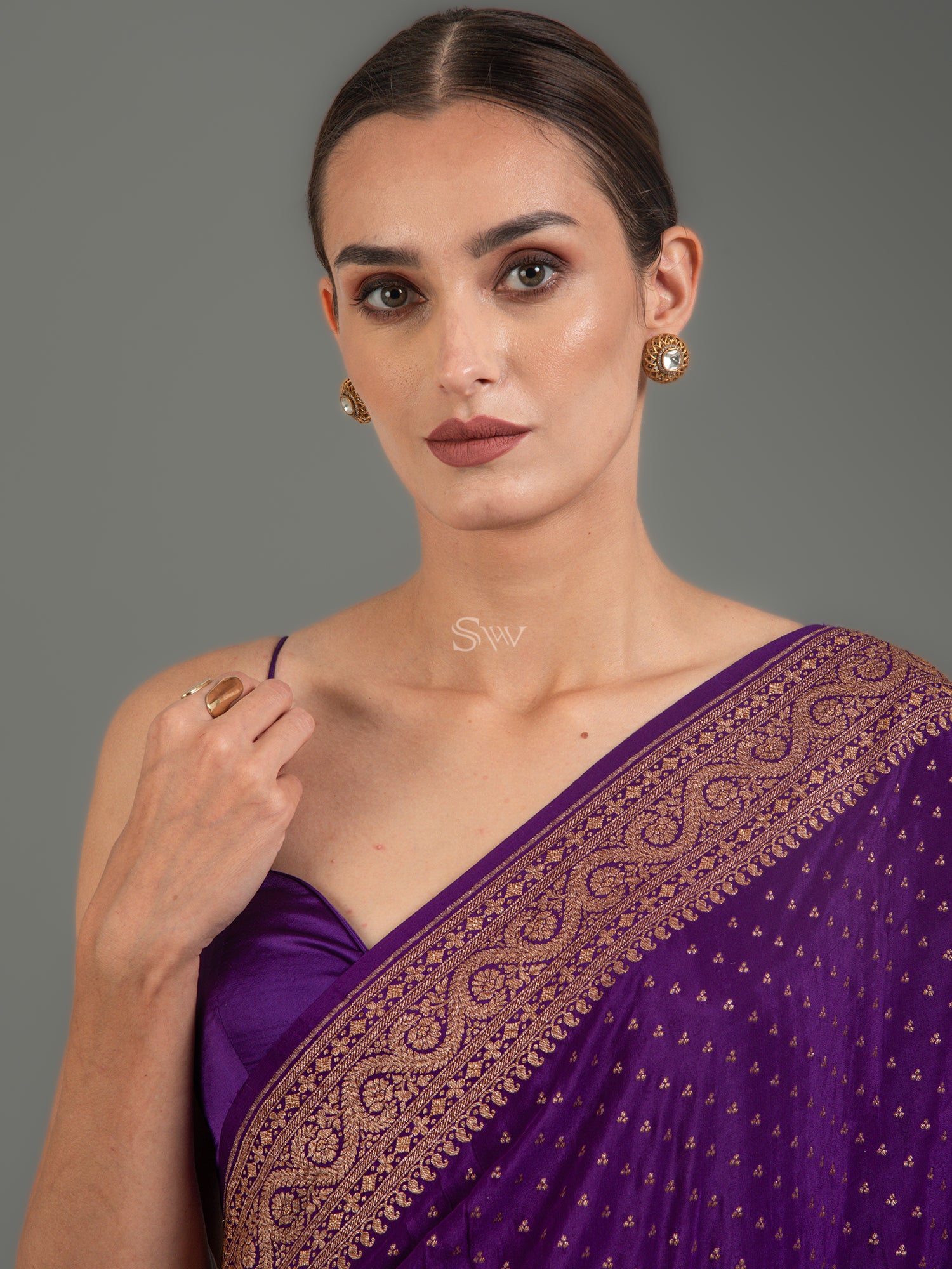Purple Booti Crepe Silk Handloom Banarasi Saree -Sacred Weaves