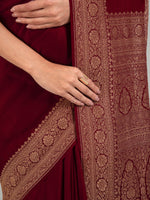Maroon Plain Crepe Silk Handloom Banarasi Saree - Sacred Weaves
