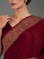 Maroon Plain Crepe Silk Handloom Banarasi Saree - Sacred Weaves