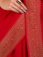 Red Plain Crepe Silk Handloom Banarasi Saree - Sacred Weaves