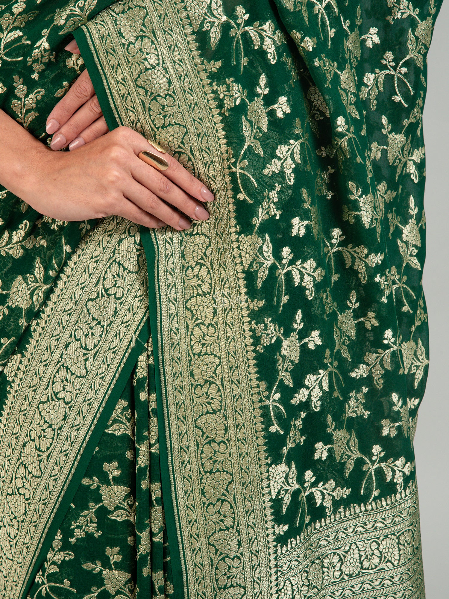 Bottle Green Jaal Khaddi Georgette Handloom Banarasi Saree - Sacred Weaves
