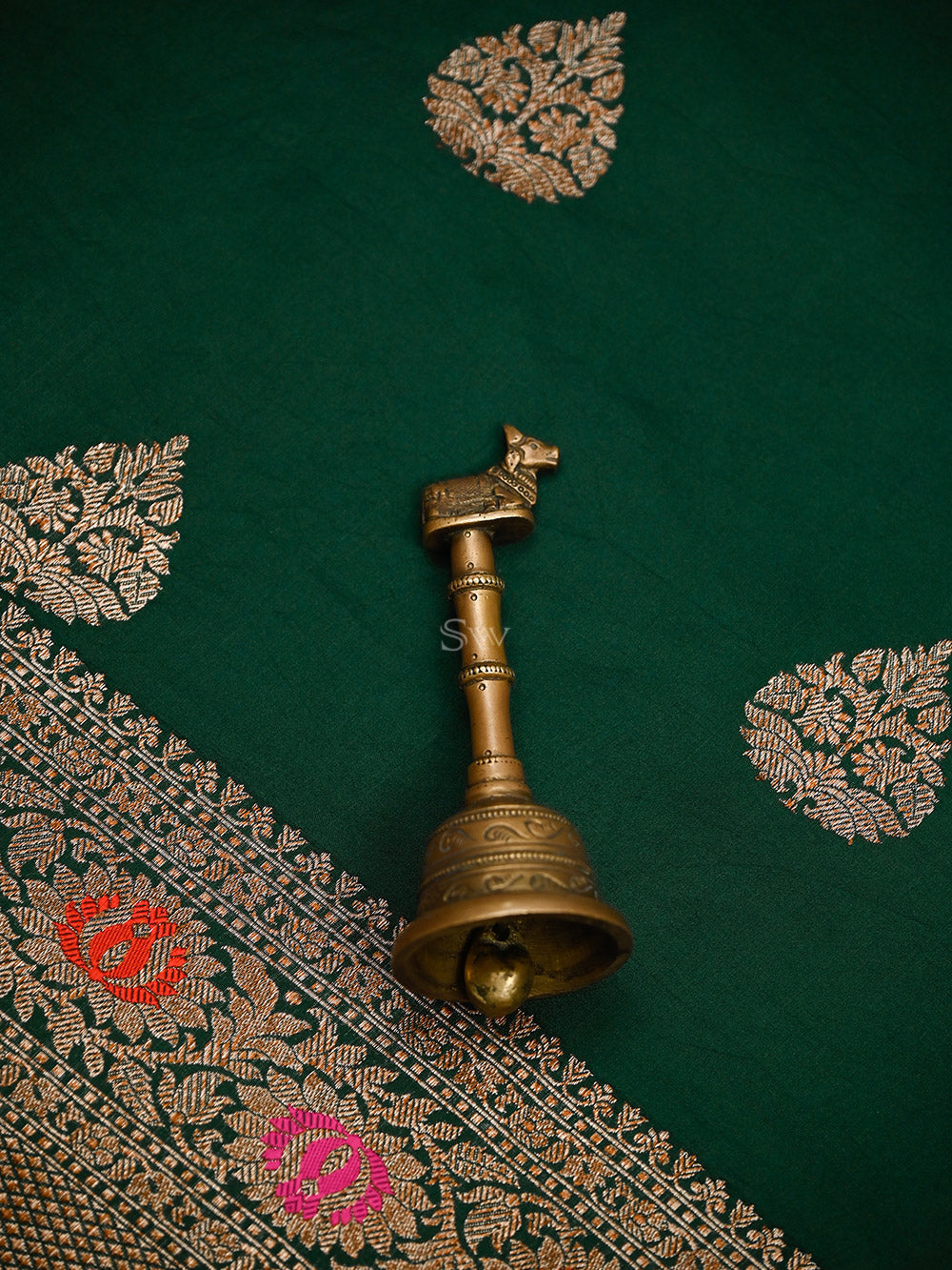 Bottle Green Booti Silk Handloom Banarasi Saree - Sacred Weaves