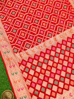 Red Meenakari Jaal Khaddi Georgette Handloom Banarasi Saree